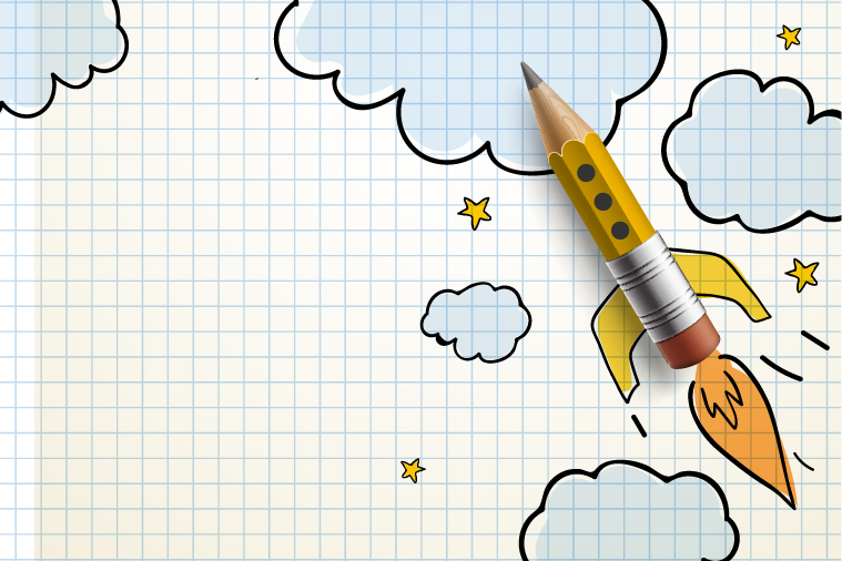 Pencil in a drawing of rocket with clouds and graph paper representing acceleration.