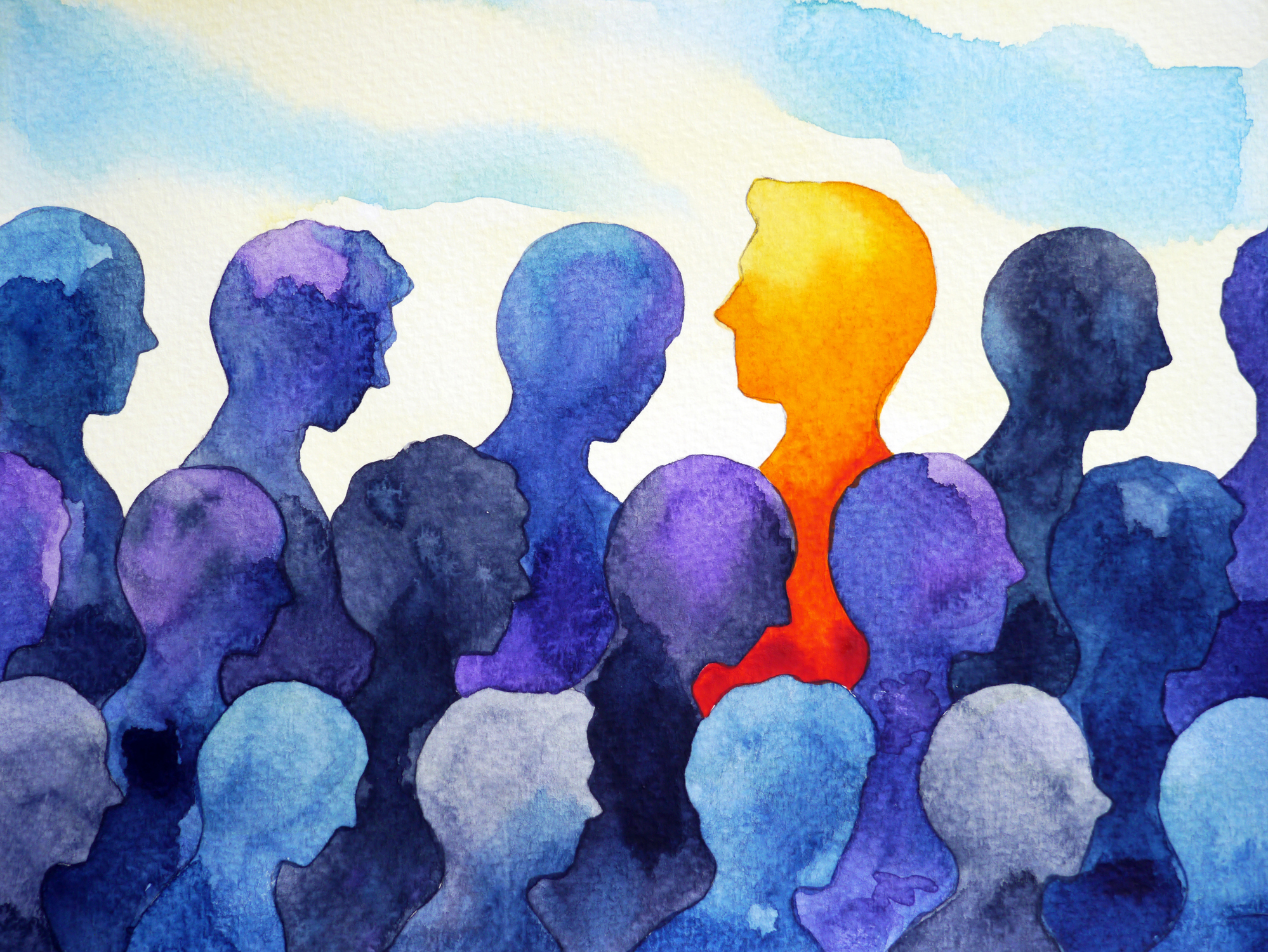 Stylized watercolor image of rows of faces in profile. Most are shades of blue and purple facing one direction, while one profile is yellow, orange, and red, facing the opposite direction. 